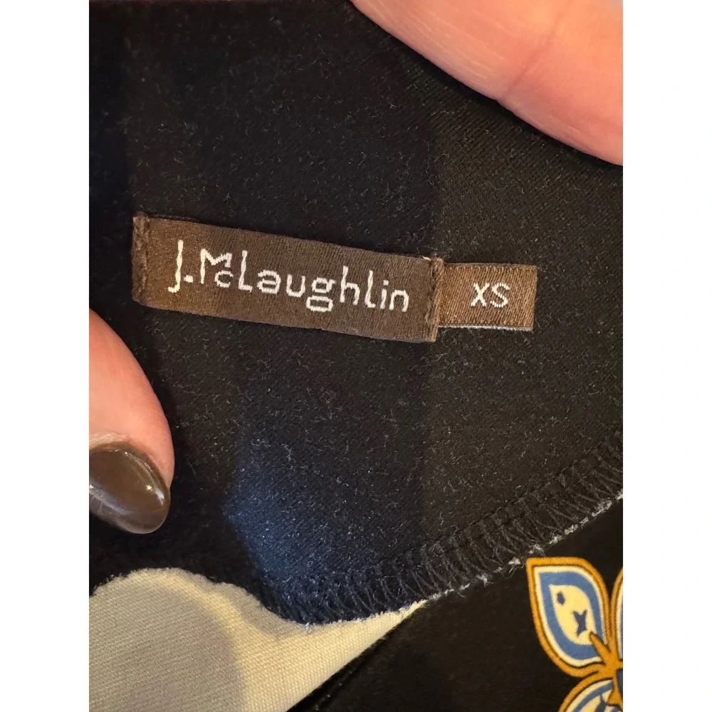 J McLaughlin Dress Women XS Black Blue Geometric Makayla Bell Sleeve Mini Preppy